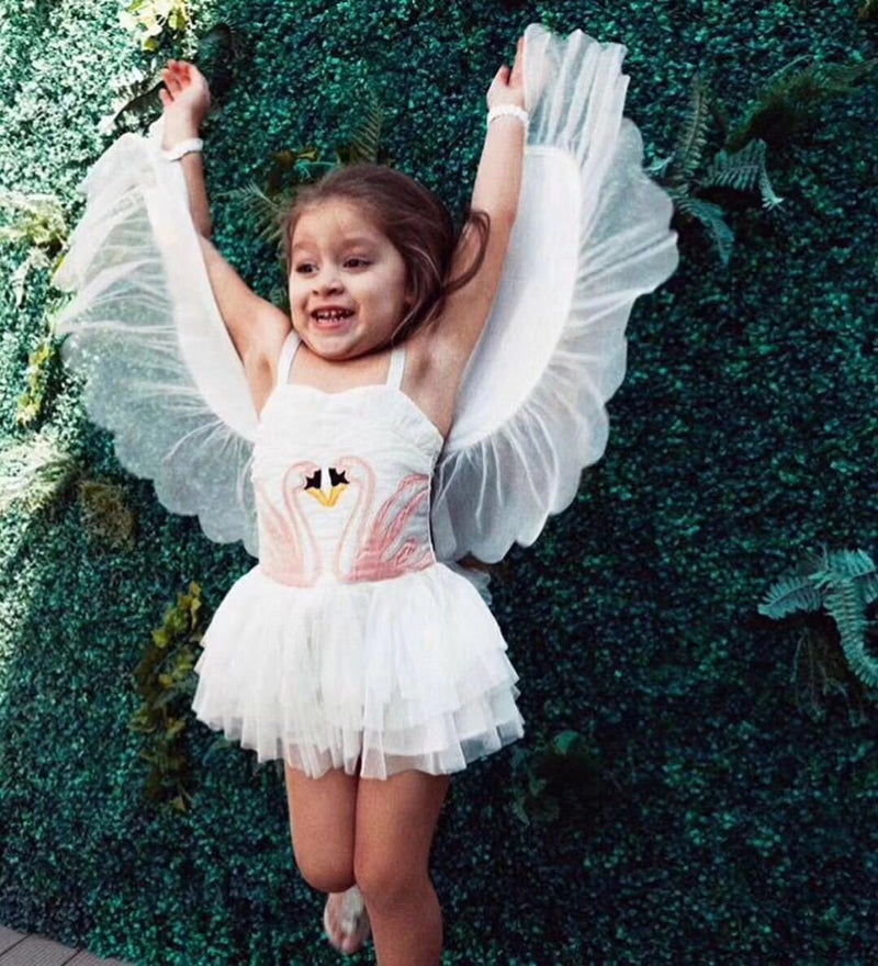 [Australia] - Angle Wing Dress Girl's swan Wing Party Performs Dress, Angel Flamingos Princess Dress, White Halter Dress with Angle's Wings 2-3T 