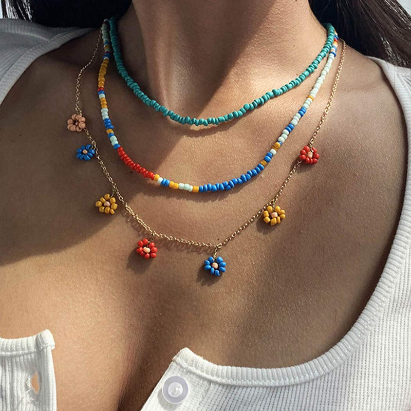 [Australia] - Ckecharfa Summer Beaded Necklace Colorful Layered Necklaces Gold Boho Choker Jewelry for Women and Girls 1-Gold 