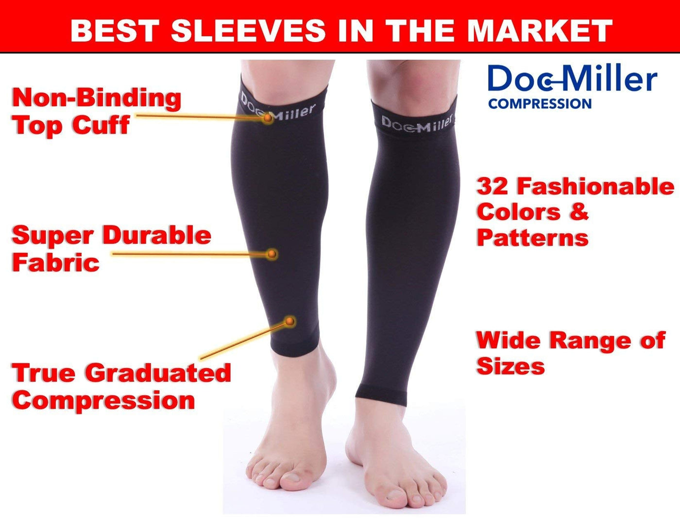 Doc Miller Calf Compression Sleeve 1 Pair 20-30mmHg Recovery Varicose Veins  SKIN