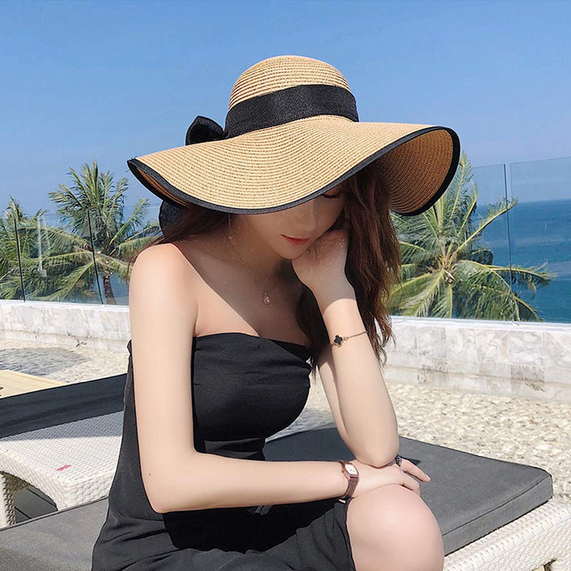 [Australia] - Women's Wide Brim Sun Protection Straw Hat,Folable Floppy Hat,Summer UV Protection Beach Cap C1-e-khaki 