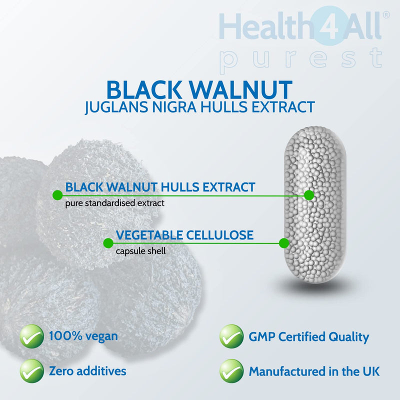 [Australia] - Black Walnut Hulls 2000mg 90 Capsules (V) . (not Tablets) Purest Strongest Black Walnut Capsules. Vegan. Made in The UK by Health4All 90 Count (Pack of 1) 