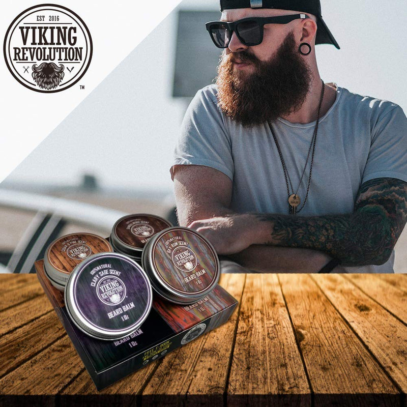 [Australia] - Viking Revolution Beard Balm For Men (4x28g) Variety Pack - Sandalwood, Pine & Cedar, Bay Rum, Clary Sage Beard Wax For Men - Styles, Strengthens & Softens For Healthy Beards 28.35 g (Pack of 4) 