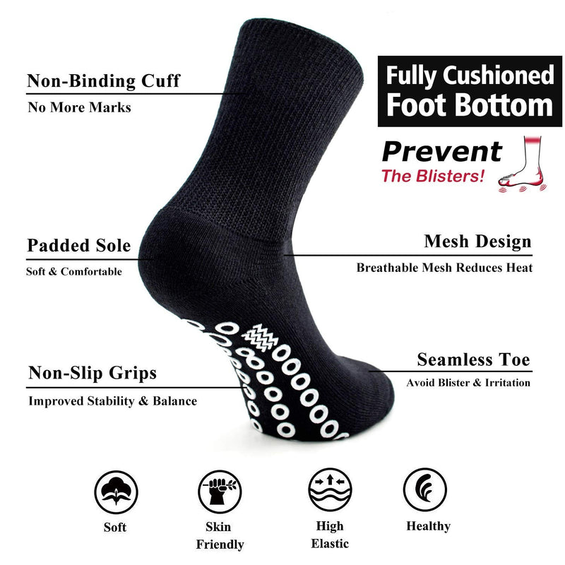 [Australia] - Non-Skid Diabetic Socks for Men Women with Grips, Socks Daze Non-Binding Crew Circulation Half Cushioned Non Slip Socks 9-11 2 Pairs Black+2 Pairs White 