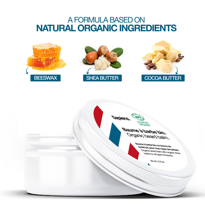 [Australia] - Beard Balm for Men 60ml Sapiens Barber Shop - Organic Certified by Ecocert - Beard and Moustache Wax with Shea Butter and Castor Oil - Moisturising and Structuring Beard Care Balm - Made in France 