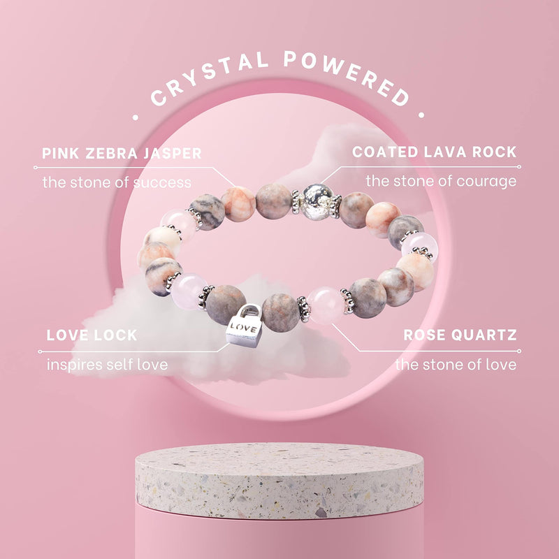 [Australia] - Anxiety Bracelet for Women - Jasper, Rose Quartz and Lava Rock, Good Sleep Essential Oils with Love Lock Charm, Gifts for Her, Aromatherapy Gift Box Pink and Silver 