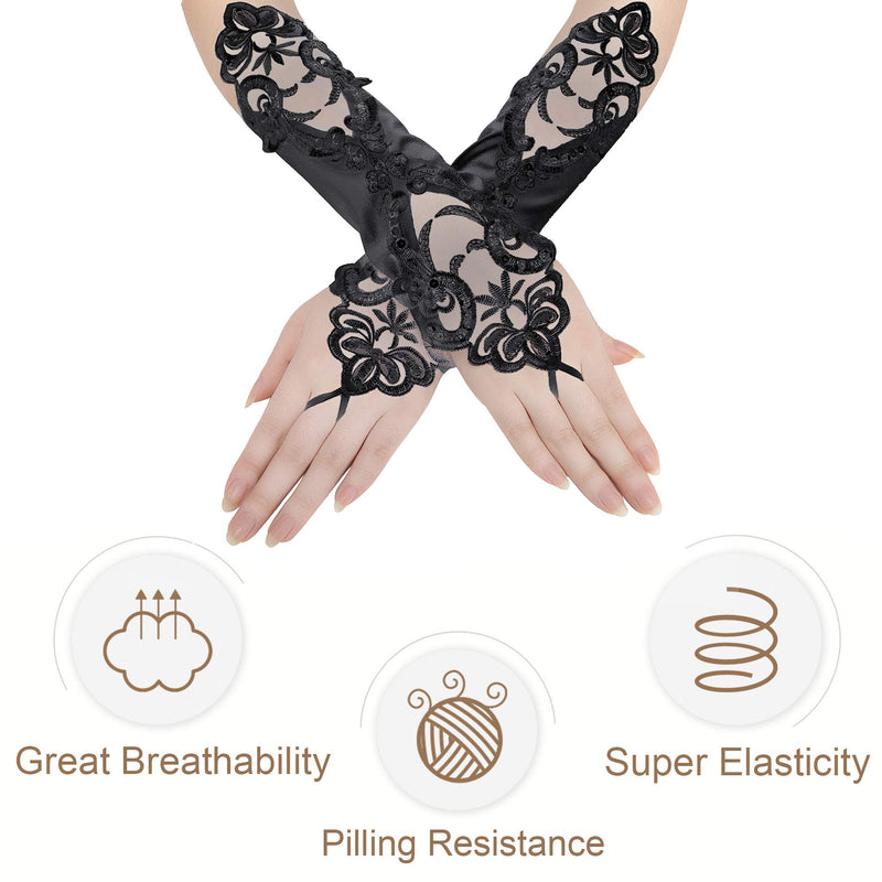 [Australia] - BABEYOND Short Opera Party 20s Satin Gloves Stretchy Adult Size Tea Party Wedding Lace Gloves 11.8" Black 