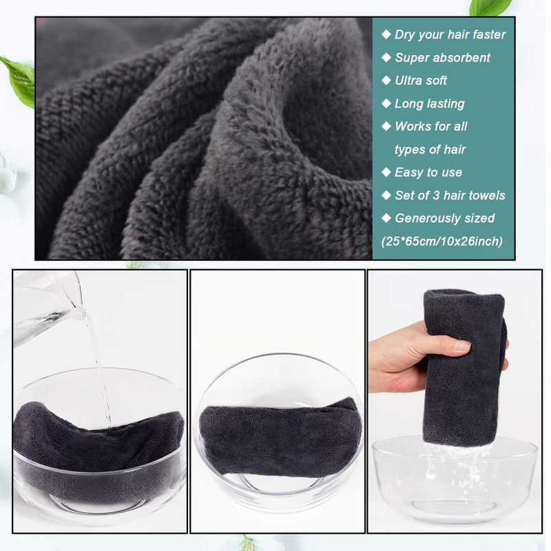 [Australia] - KinHwa Microfiber Hair Towel Wrap for Women Hair Turban for Drying Wet Hair Easy Twist Hair Towels Super Absorbent and Ultra Soft 3 Pack Gray 10"x26" 