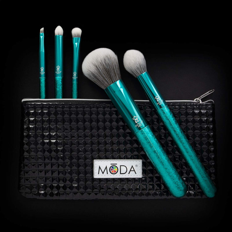 [Australia] - MODA Full Size Crackle 6pc Makeup Brush Set with Pouch Includes - Multi-Purpose Powder, Contour, Eye Shader, Smoky Eye, and Angle Liner, Emerald 