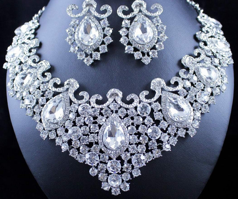 [Australia] - STUNNING CLEAR AUSTRIAN RHINESTONE CRYSTAL NECKLACE EARRINGS SET N12187 SILVER 