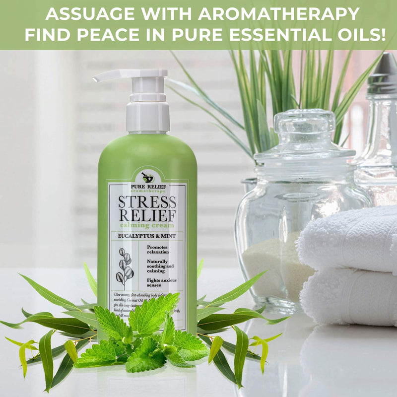 [Australia] - Stress Relief Calming Body Cream Eucalyptus-and-Mint Aromatherapy Body Lotion with Arnica, Coconut Oil Hydrating Natural Extracts Moisturize All Skin Types & Soothe Senses by Pure Relief, 16 Oz. 