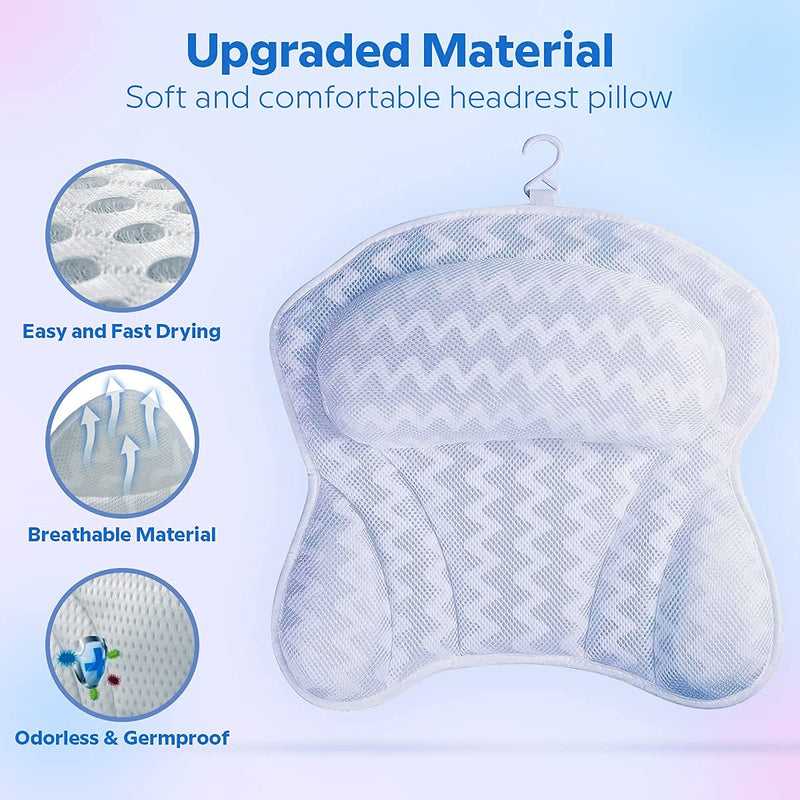 [Australia] - ADOV Bath Pillow, Non-Slip Comfortable Luxury Bathtub Pillow with 6 Suction Cups, Ergonomic 3D Air Mesh Headrest Cushion for Head, Shoulder, Neck and Back Support Relaxation Home Spa Hot Tub Jacuzzi 