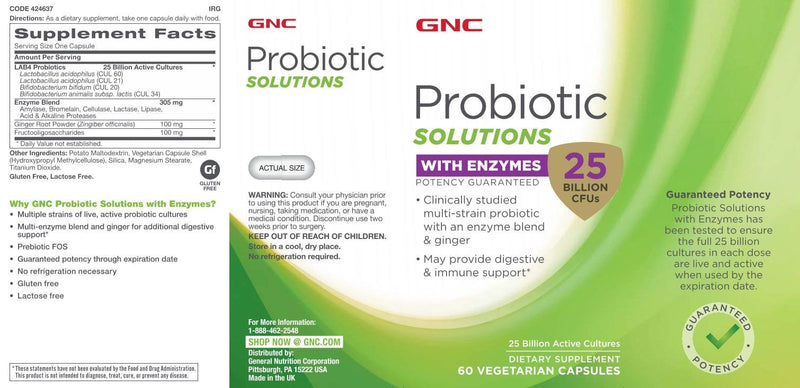 [Australia] - GNC Probiotic Solutions with Enzymes with 25 Billion CFUs | Clinically Studied Multi-Strain, Supports Digestive and Immune Health, Vegetarian | 60 Capsules 