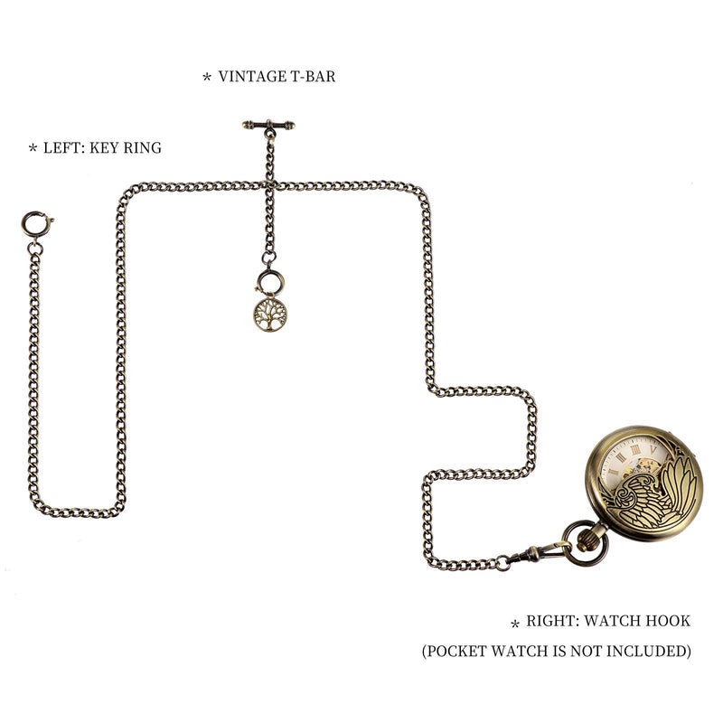 [Australia] - TREEWETO Men's Double Albert Chain Pocket Watch Curb Link Key Chain 3 Hooks with Antique Life Tree Pendant Design Charm Fob T Bar Bronze 