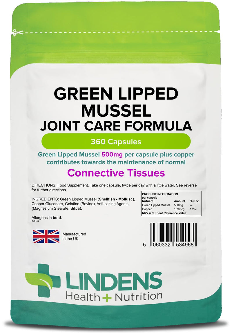 [Australia] - Lindens Green Lipped Mussel 500mg Capsules - 360 Pack - Joint Care Formula in Convenient, Rapid Release Capsules - UK Manufacturer, Letterbox Friendly Beige 