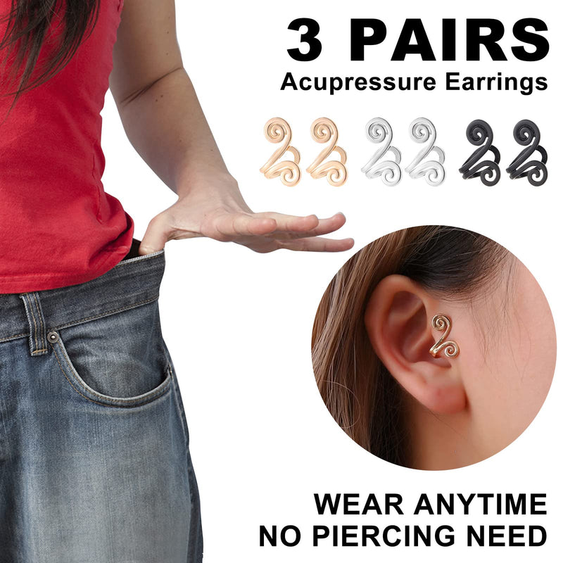 [Australia] - 3 Pairs Acupressure Earrings, Unisex Non-Pierced Acupressure Earrings, Fashionable Gifts for Women, Girl, Men Black, Gold, Silver 