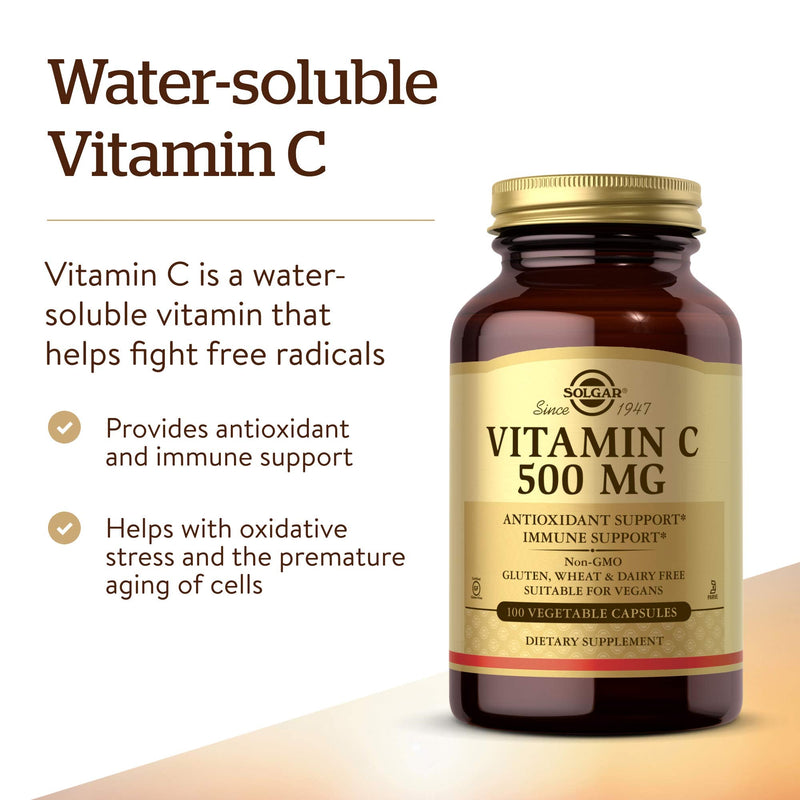 [Australia] - Solgar Vitamin C 500 mg, 100 Vegetable Capsules - Antioxidant & Immune Support - Overall Health - Supports Healthy Skin & Joints - Non GMO, Vegan, Gluten Free, Kosher - 100 Servings 