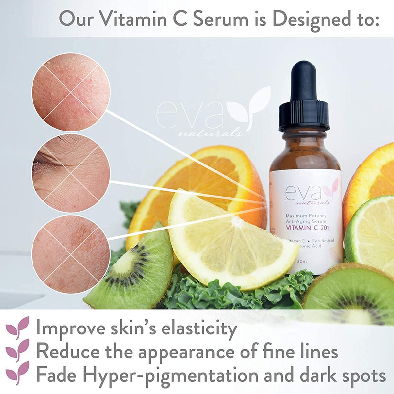 [Australia] - Eva Naturals Vitamin C Serum 20% for Face, Anti-Aging Formulation with Ferulic & Hyaluronic Acid, Vitamin E (30 ml) 