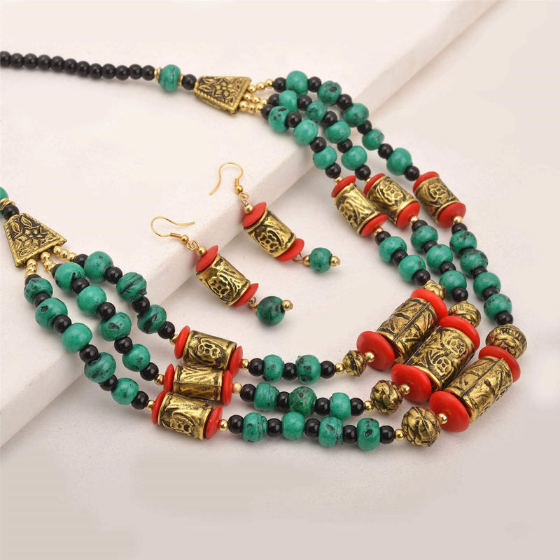 [Australia] - Zephyrr Tibetan Jewelry Beaded Multi Strand Mosaic Necklace Earring Set Statement Women Jewelry 