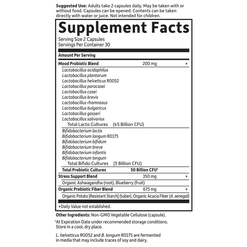 [Australia] - Garden of Life Dr. Formulated Probiotics Mood+ Acidophilus Probiotic Supplement - Promotes Emotional Well-Being, Relaxation and Digestive Balance - Ashwagandha for Stress Management - 60 Veggie Caps Shelf Stable 