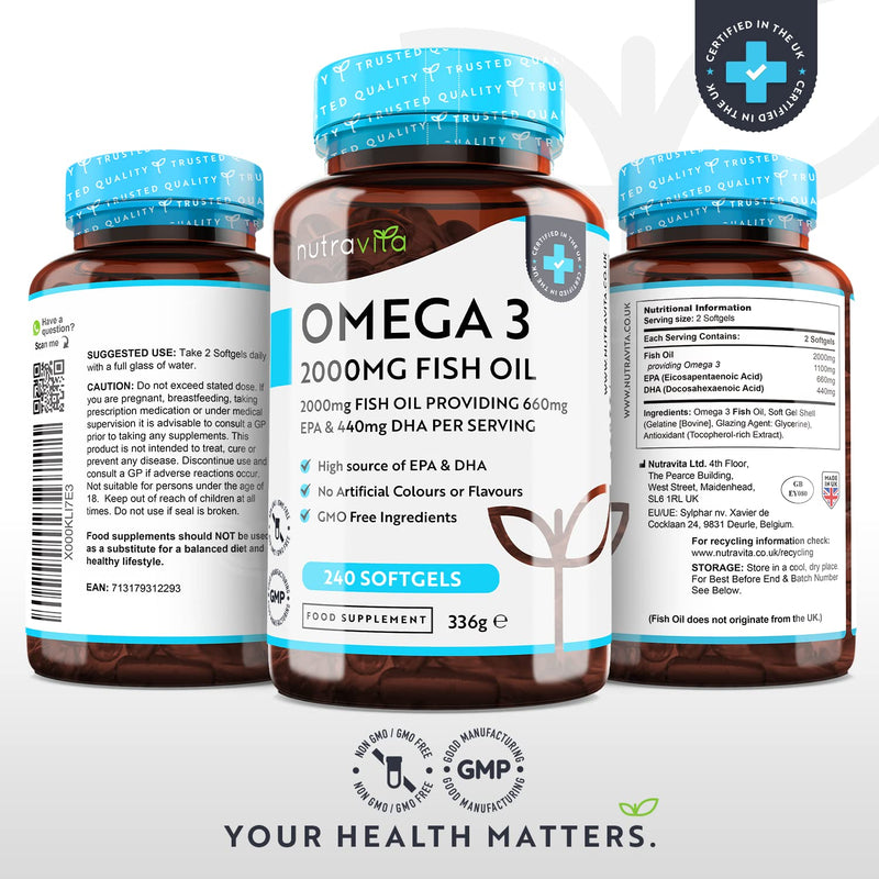 [Australia] - Omega 3 Fish Oil 2000mg – 240 High Strength Capsules (4 Month Supply) – 660mg EPA & 440mg DHA per Daily Serving – Supports Normal Heart Function – Pure Omega 3 Capsules – Made in The UK by Nutravita 