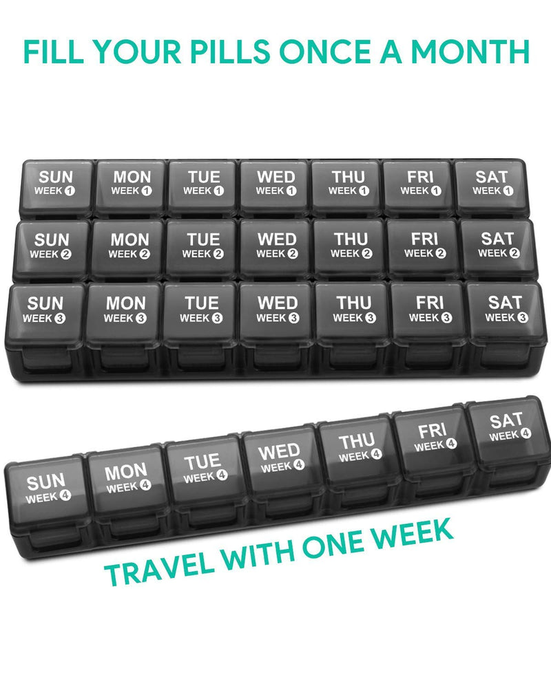 [Australia] - Annwer Large Monthly Pill Organiser 28 Day Pill Box Organizer by Week, Large 4 Weeks One Month Pill Cases with Dust-Proof Container for Pills/Vitamin/Fish Oil/Supplements Black 