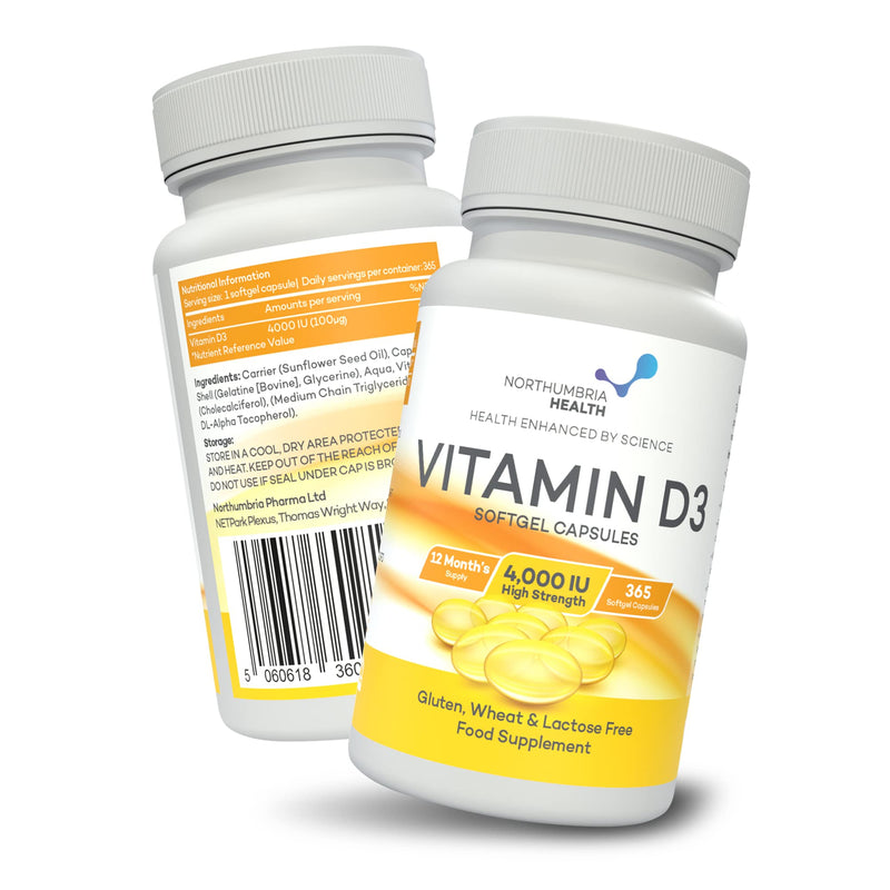 [Australia] - Vitamin D3 Softgels 4,000iu, Maximum Strength, 365 Easy to Swallow Softgels (1 Year Supply) Immune Support, Healthy Bones, Made in The UK by Northumbria Health 