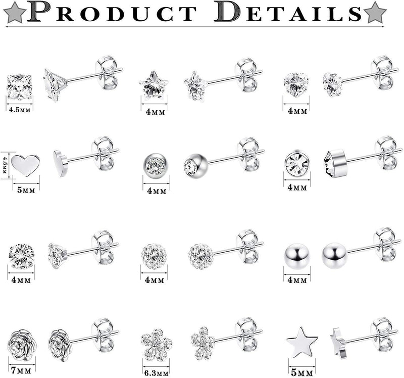 [Australia] - Milacolato 12 Pairs Earrings for Women Studs Set Dainty Surgical Steel Earrings Small CZ Flower Heart Star Ball Tragus Cartilage Earrings for Women Sliver Tone 