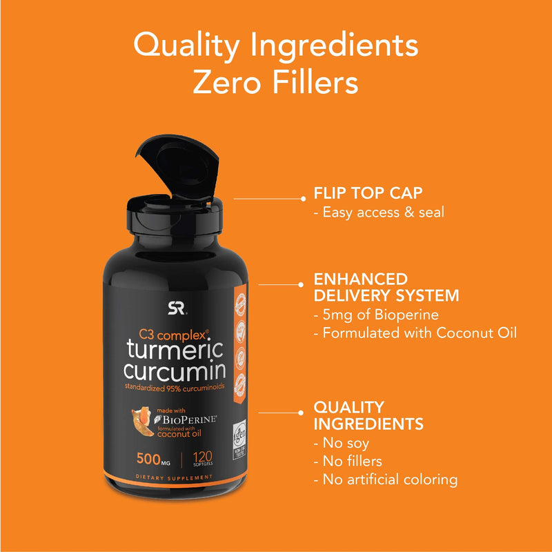 [Australia] - Turmeric Curcumin C3 Complex 500mg, Enhanced with Black Pepper & Organic Coconut Oil for Better Absorption; Non-GMO & Gluten Free - 120 Count 120 Count (Pack of 1) Softgels 