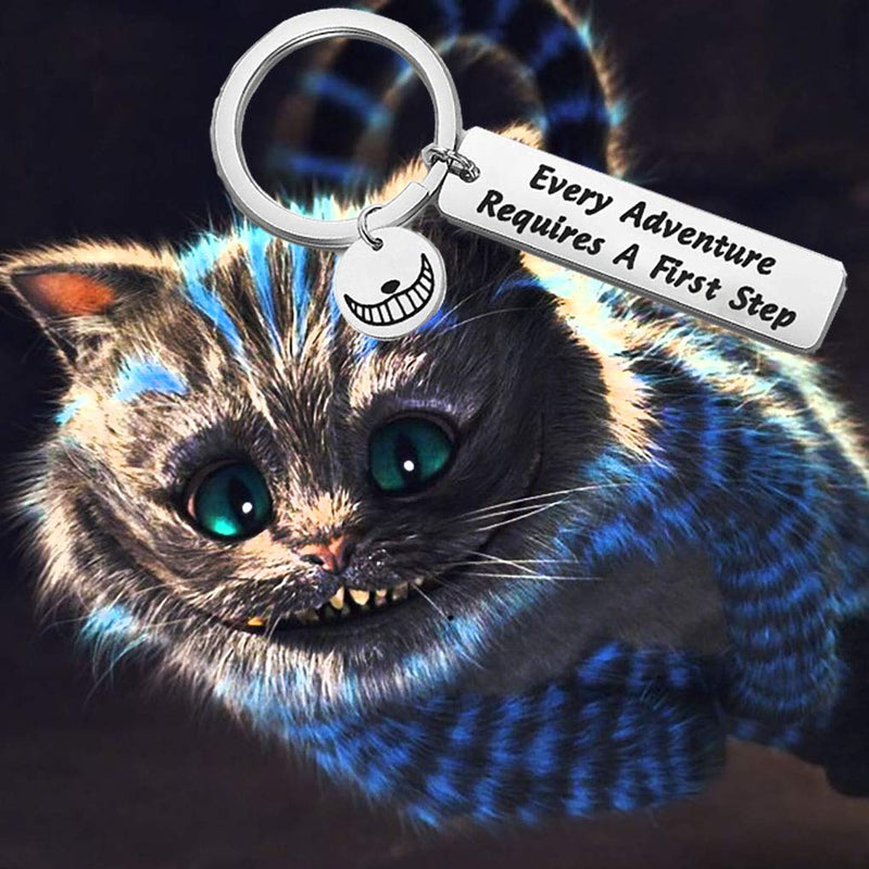 [Australia] - bobauna Every Adventure Requires A First Step Cat Quote Owl Keychain Alice in Wonderland Inspired Jewelry Inspirational Gift adventure requires keychian 