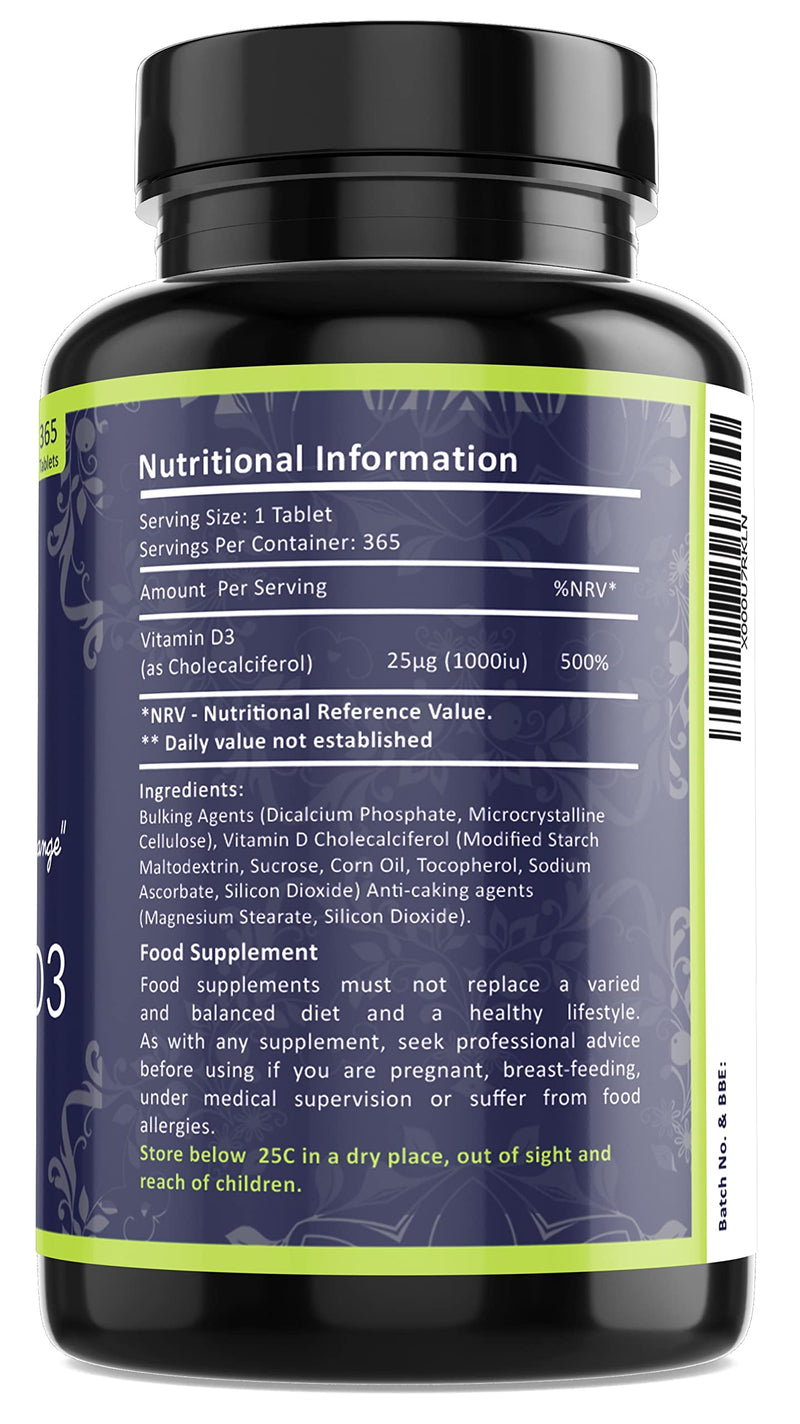 [Australia] - Vitamin D3 1000iu Tablets | 365 (1 Year Supply) Vegetarian Vitamin D Supplement Tiny Easy to Swallow Pills | VIT D as Cholecalciferol | Fresh Start Nutrition 