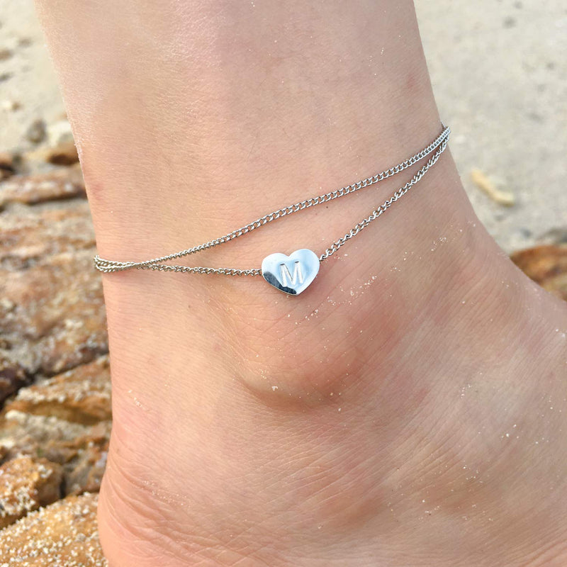 [Australia] - WIGERLON Heart Initial Ankle Bracelets for Women, 14K Gold Plated Dainty Layered Anklet Letter Ankle Bracelets for Girl A-Silver 