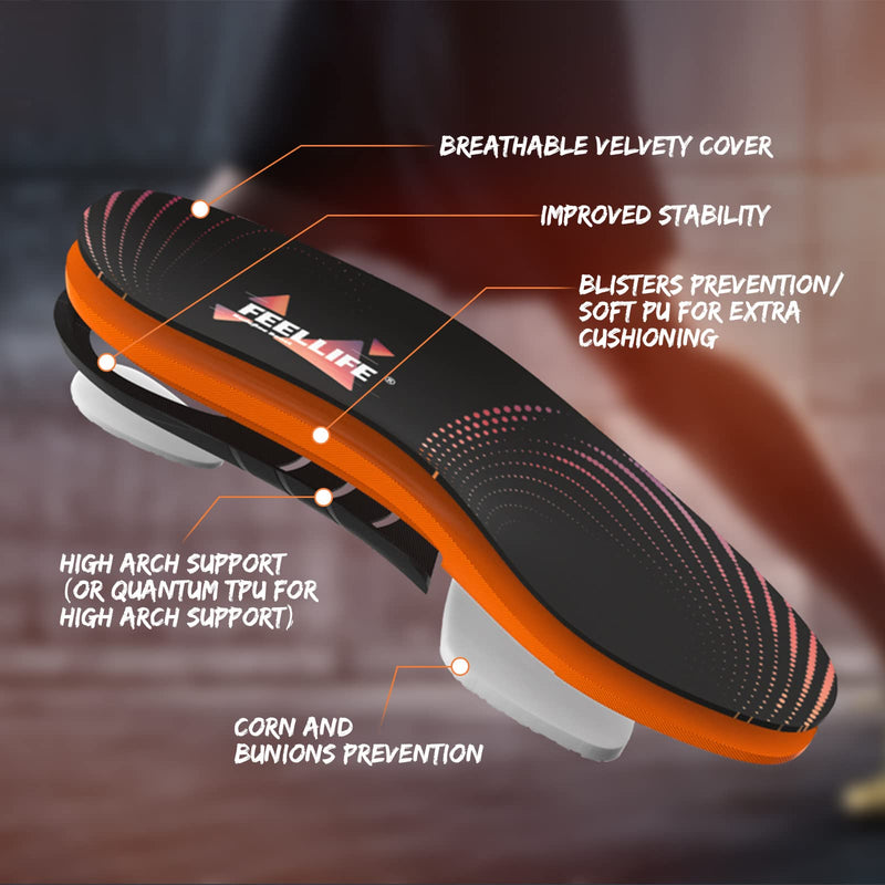 [Australia] - FeelLife Plantar Fasciitis Relief Shoe Inserts, Arch Support Insoles, Running Athletic Gel Shoe Insoles, Orthotic Insoles for Arch Pain, Trim to Fit: Men 8-11/Women 9-12, 1 Pair Black & Orange L(Men 8-11/Women 9-12) 