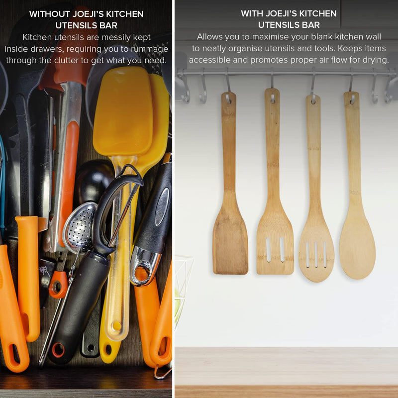 [Australia] - Joejis Kitchen Utensil Rack 40cm - Aluminium Kitchen Rail with 8 Hanging Hooks - Wall Mount Strong 3M Self Adhesive - No Drill Space-Saving Tool Holder - Silver 