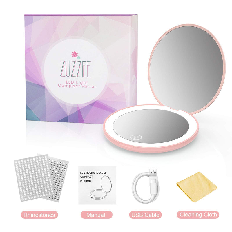[Australia] - Compact Mirror, ZUZZEE Rechargeable Lighted Makeup Mirror, 5X Magnifying Mirror with Light, Small Hand Mirror for Travel, Distortion Free, Touch Screen Dimmable, Handheld, Gifts for Women Girls Pink 