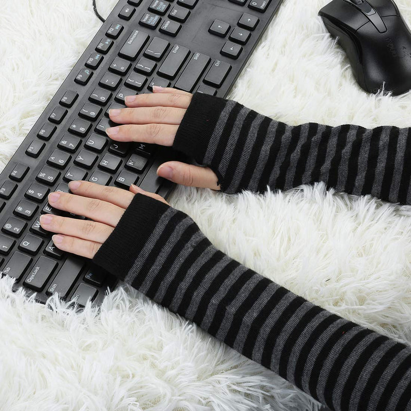 [Australia] - Allegra K Women Stripe Print Knitted Fingerless Thumb Hole Elbow Length Gloves Warmers Pair One Size Black-gray 