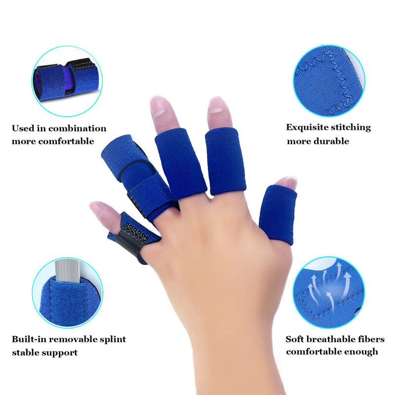 [Australia] - Finger Support Splints, Adjustable Set of 4 Trigger Finger Splint and 10 Nylon Finger Sleeves for Pain Relief, Finger Brace Stabilizer for Broken Finger, Straightening, Arthritis, Injured Finger Blue 