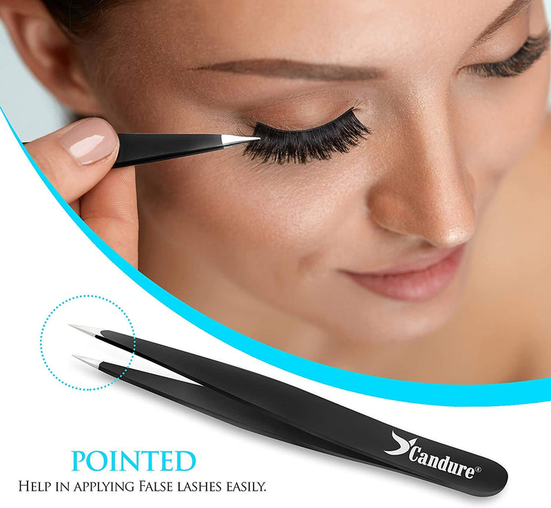 [Australia] - Candure Tweezers for Eyebrows - Professional Stainless Steel Slanted and Pointed Tip Hair tweezers Set for Ingrown Hair, Blackhead Removal, Eyelash Extension, Eyebrows Plucking Beauty Tool for Women Black 
