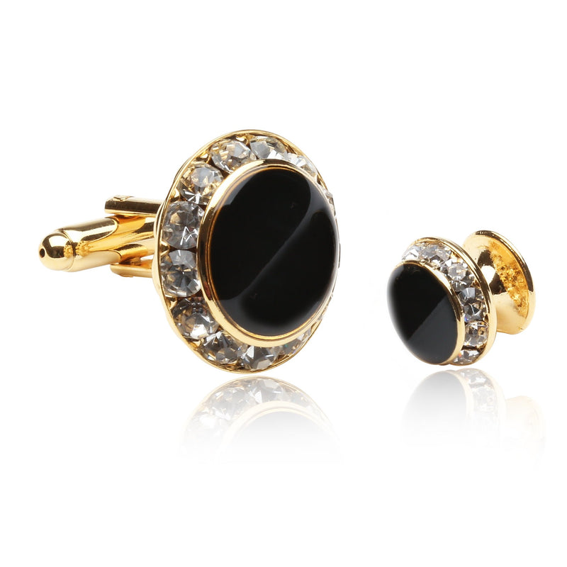 [Australia] - Black Enamel and CZ Gold Tuxedo Formal Set Cufflinks and Studs with Gift Box 