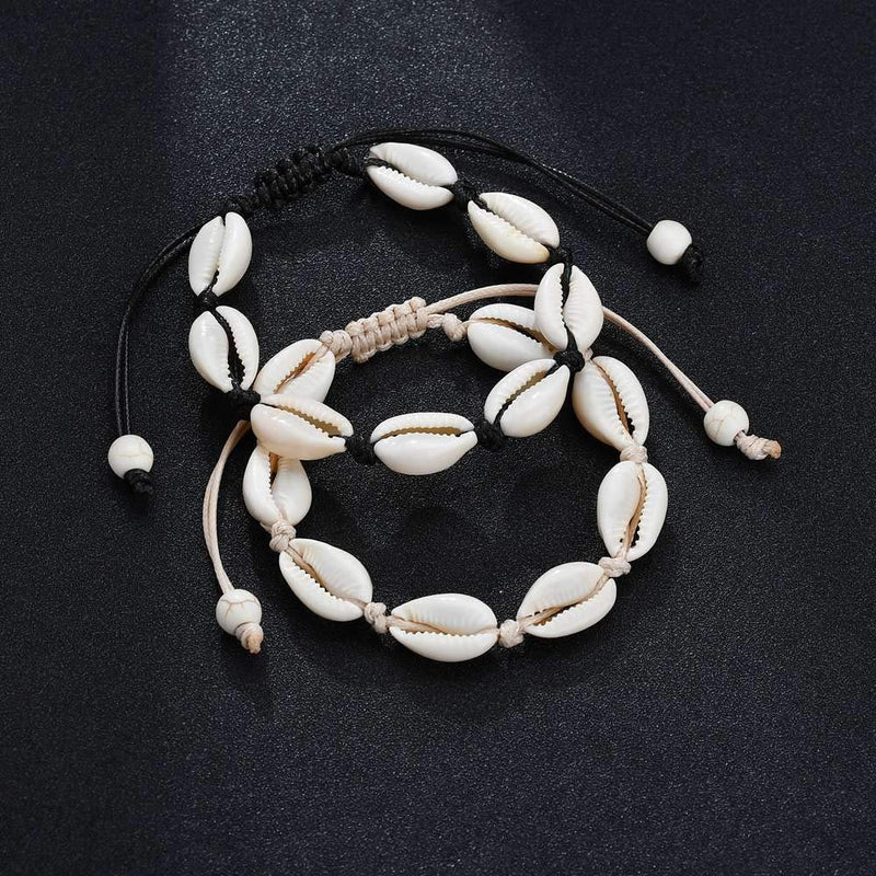 [Australia] - 2 Pieces Handmade Boehmia Natural Cowrie Shell Anklet Seashell Ankle Bracelet Boho Beads Hawaii Foot Jewelry 