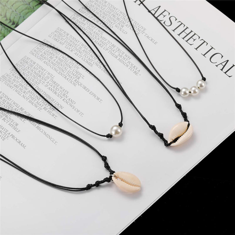 [Australia] - Strain Single Pearl Choker Necklace for Women Girls Summer Beach Black Leather Shell Necklace Set, 3Pcs 3 Pack Choker Necklace-Style 1 