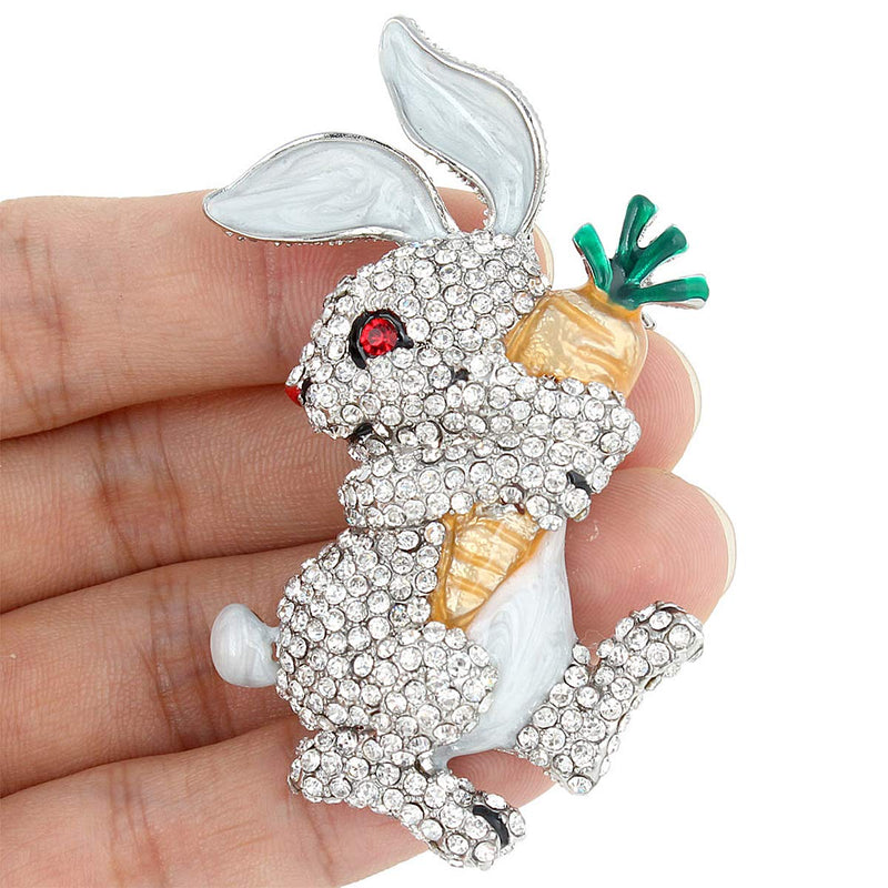 [Australia] - EVER FAITH Austrian Crystal Enamel Adorable Rabbit with Carrot Brooch Pendant Clear Silver-Tone 