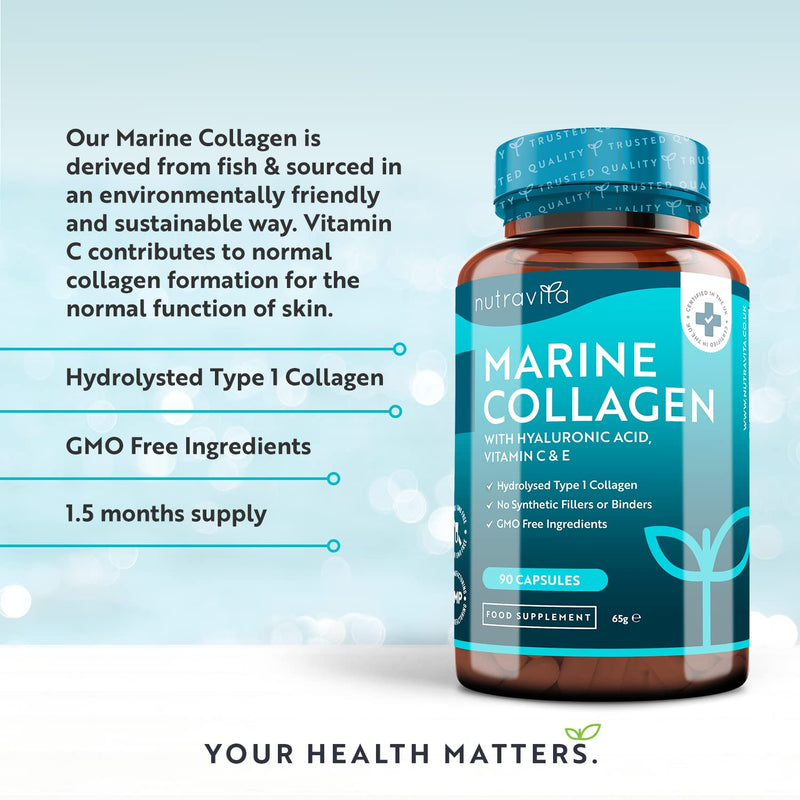 [Australia] - Marine Collagen 1000mg Enhanced with Hyaluronic Acid 100mg - 90 Super Strength Capsules - Hydrolysed Collagen Supplements - Vitamin C, Vitamin E, Vitamin B2, Zinc, Copper - Made in The UK by Nutravita 90 Count (Pack of 1) 