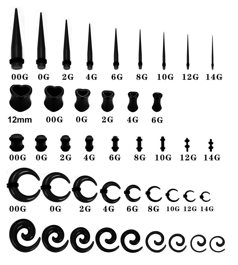 [Australia] - Magitaco 84 PCS Ear Stretching Kit Ear Gauges Expander Set Acrylic Tapers and Plugs Silicone Tunnels Horseshoes Taper Spiral Tapers Gauges for Ears Black Stone 