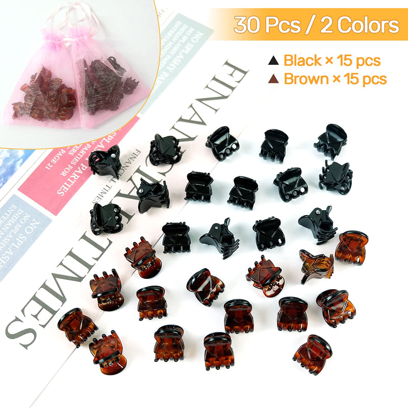 [Australia] - Hanyousheng Mini Claw Clips, 30pcs Mini Hair Claws, Small Hair Claw Clips, Non slip Hair Clip, Mini Hair Clips for Girls and Women with Storage Bags (Black and Brown) 30 Count (Pack of 1) 