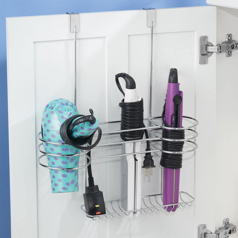 [Australia] - mDesign Hair Dryer Holder - Over Door Rack for Heated Tool and Hair Dryer Storage - Hanging Basket and Stand - Silver Chrome 