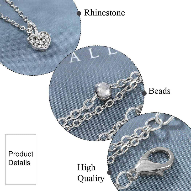 [Australia] - Earent Boho Crystal Anklets Silver Double Love Heart Pendant Ankle Bracelets Chain Beach Rhinestone Foot Jewelry Adjustable for Women and Girls 