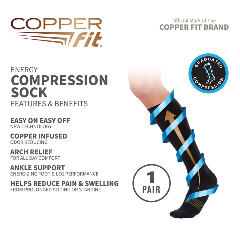[Australia] - Copper Fit Energy Unisex Easy-On/Easy-Off Knee High Compression Socks Black Large-X-Large 