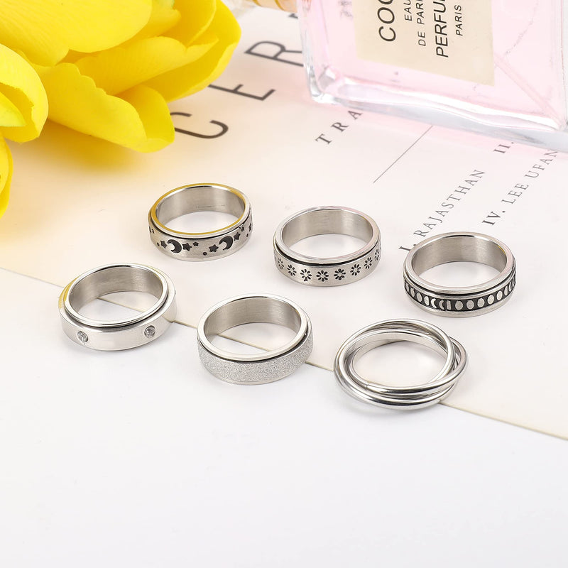 [Australia] - FINREZIO 6Pcs Stainless Steel Spinner Rings Set for Women Mens Moon Star CZ Matte Flower Triple Interlocked Rolling Stress Relieving Ring Anxiety Relief Fidget Band Rings 5 