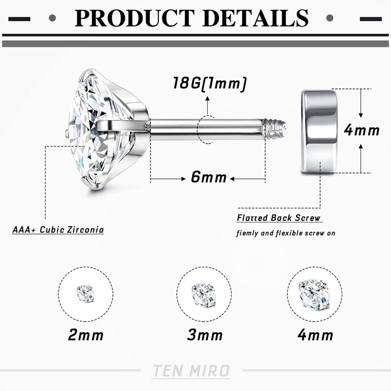 [Australia] - TEN MIRO 10 Pairs 18G Stainless Steel Stud Cartilage Piercing Earrings for Women Men Lobe Ear Piercing Stud Cubic Zirconia Flat Back Screw Back Ear Piercing Set 2-4MM 2MM-Clear Color 