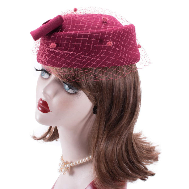 [Australia] - Lawliet Womens Dress Fascinator Wool Felt Pillbox Hat Party Wedding Bow Veil A080 Wine 